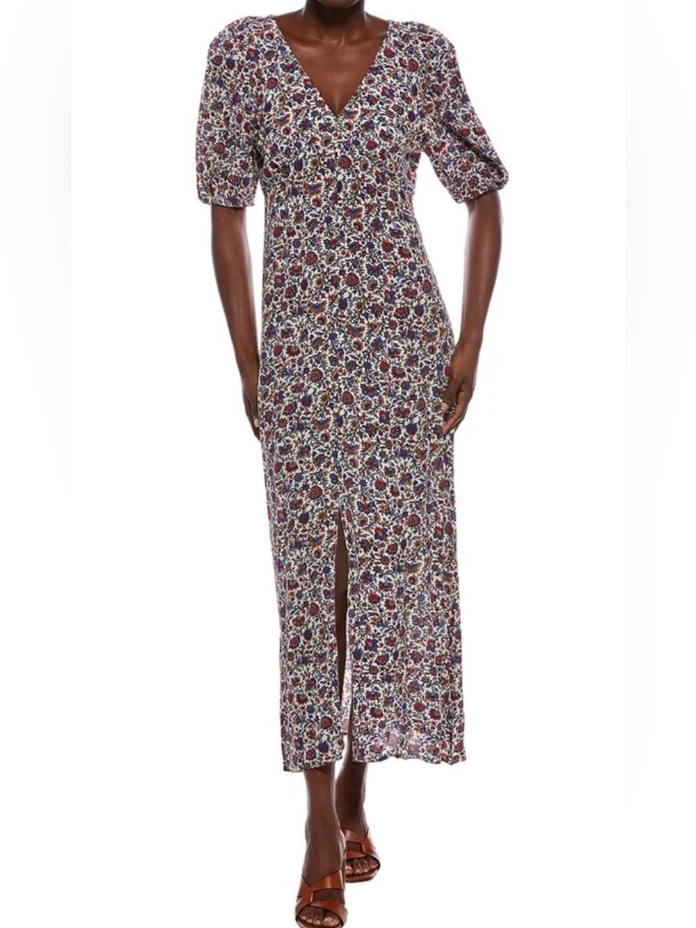 Madewell Dresses floral Puff Sleeve Empire Waist Maxi Dress Cherry Red 4 slit